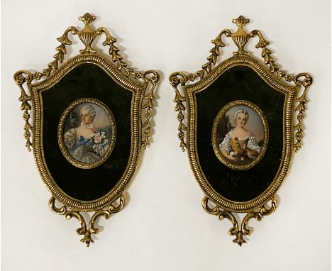 PAIR OF PAINTED PORTRAIT MINIATURES IN BRASS DECORATIVE FRAMES 18CMS (H) X 11CMS (W) APPROX