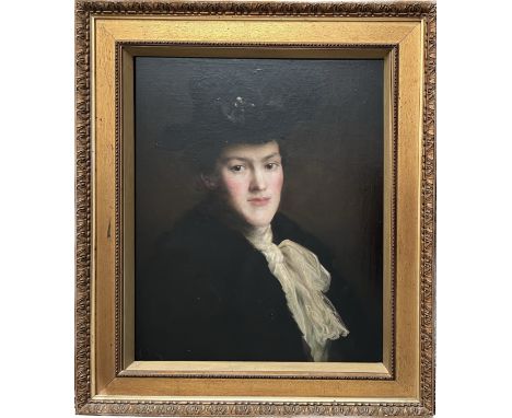 CIRCLE OF JOHN DUNCAN FERGUSSON (1875-1961) OIL ON CANVAS - STYLISH PORTRIAT OF LADY WEARING HAT - 56CM X 69CM - 1 PATCH REPA