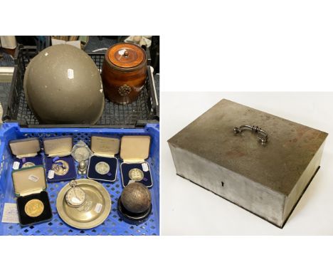 AMERICAN MILITARY HELMET SMALL CANNON BALL &amp; RAC TEA CADDY, WATCH  METROPOLITAN MEDALS &amp; SAFE BOX