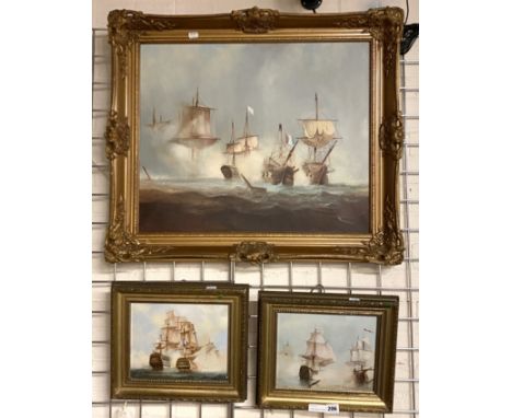 THREE SIGNED &amp; FRAMED SEASCAPE SCENES OF GALLEON SHIPS BY NORAH DRETT LARGEST INNER FRAME 50CMS (H) X 60CMS (W)- SMALLEST