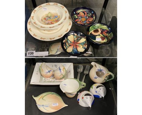 COLLECTION OF MIXED CHINA INCL TWO MOORCROFT SAUCERS, MOORCROFT DISH, VILLEROY &amp; BOCH SALT &amp; PEPPER, WEDGWOOD ETC