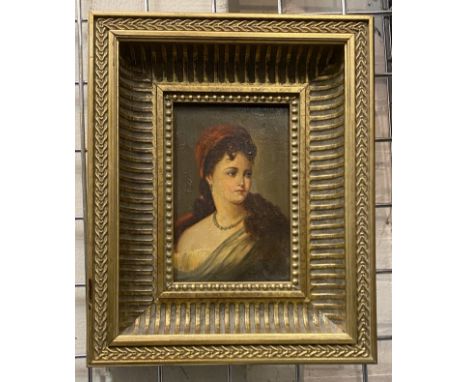 19THC EASTERN EUROPEAN SCHOOL OIL ON PANEL - PORTRAIT OF YOUNG WOMAN - 21.5CM X 14.5CM IN GILT FRAME