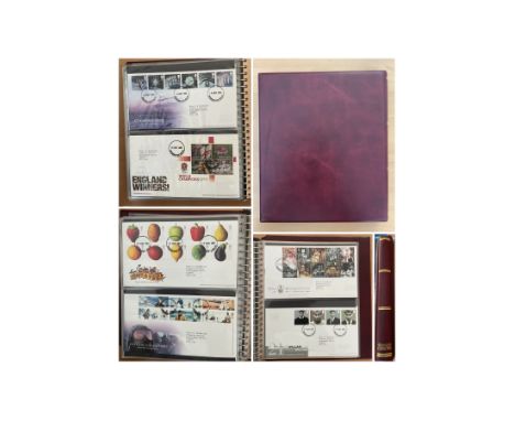 Stanley Gibbons First Day Covers Album Red with approx. 70+ FDCs from 1998 Comedians to 2003 England Winners with typed addre