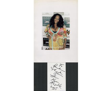 Kym Mazelle signature piece featuring a colour photograph and a signed white card. The 12x8 photo is complete with a 6x4 whit