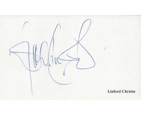Athlete, Linford Christie signed white card. Christie OBE (born 2 April 1960) is a Jamaican-born British former sprinter. He 