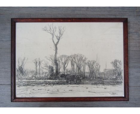 After Harry Becker (1865-1928) A framed and glazed lithograph print, 'Work horses in winter field'. Signed in the print, plus