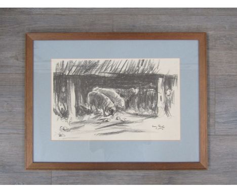After Harry Becker (1865-1928) A framed and glazed lithograph print 'Stalled Sheep'. Signed in the print. 26cm x 40.5cm