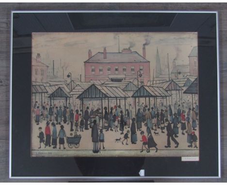 LAURENCE STEPHEN LOWRY R.B.A  R.A  (1887-1976) (ARR) A framed and glazed print, 'Market Scene, Northern Town,1939'. Signed in