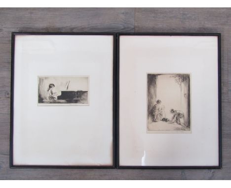 EILEEN ALICE SOPER (1905-1990):  Two framed and glazed etchings - Girl playing a Piano and Children with saucer of milk for c