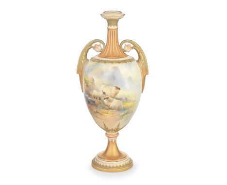 A fine Royal Worcester vase by Harry Davis, dated 1911Of ovoid form, the neck, handles and foot with crisp classical moulding