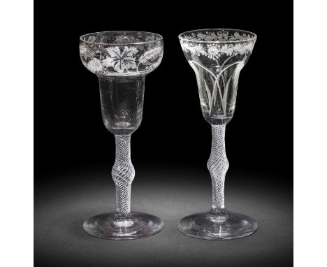 Two engraved airtwist ale glasses, circa 1750The first with a generous pan-topped bowl finely decorated with a border of hops