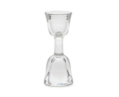 A deceptive double-ended dram glass, first half 18th centuryWith two opposing thick-walled round funnel bowls, one a single m