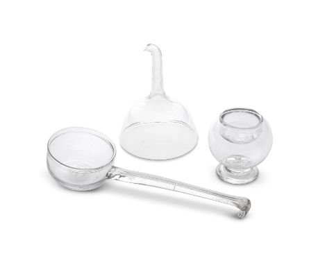 A glass punch ladle, a wine funnel and a salt, 18th centuryThe ladle with a grooved handle turned over at the tip, the deed c
