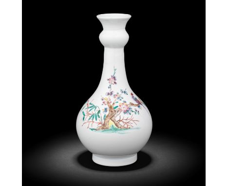 An exceptionally rare South Staffordshire enamelled opaque white glass guglet, circa 1755-60Of simple pear-shaped bottle form