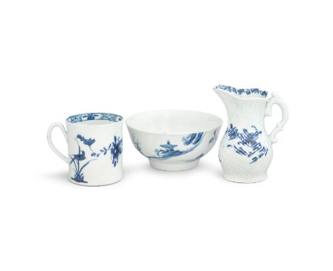 A Worcester cream jug, a coffee can and a bowl, circa 1756-58Comprising a jug with delicate feather moulding and a scroll-mou