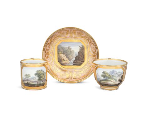 A Barr, Flight and Barr Worcester teacup, coffee cup and saucer, circa 1807The trio with finely painted landscape panels, the