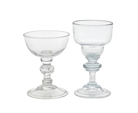 Two baluster sweetmeat or champagne glasses, circa 1730-40One with a tall double-ogee bowl on a double-collar, the stem with 