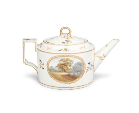 A Pinxton teapot and cover, circa 1800Of oval section with an angular handle and straight spout, painted on both sides with o