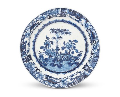 A Derby stand, circa 1765The central well finely painted in blue with a chinoiserie garden including peonies and bamboo befor