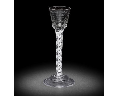 An interesting engraved opaque twist betrothal or marriage cordial glass of Irish interest, dated 1764 and 1765The round funn