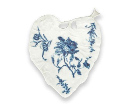 A rare Worcester leaf dish, circa 1760-65Modelled in the form of a dock leaf, pierced beside the stalk at one end, carefully 