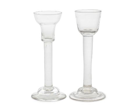 Two plain stem cordial glasses, circa 1740-50One with a small pan-topped bowl on a tall stem with a high domed foot, 16.3cm h