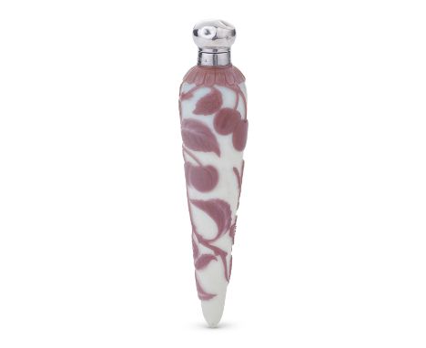 A fine Thomas Webb and Sons cameo glass scent bottle, dated 1908The slender teardrop shape in milky opal glass overlaid in op