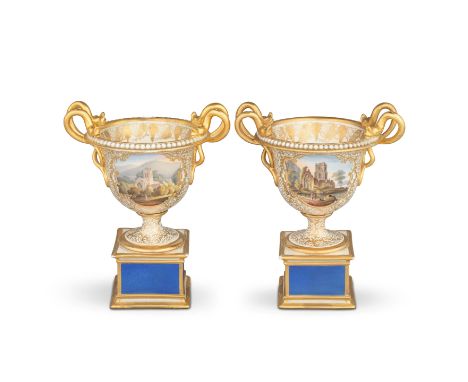 A pair of Flight, Barr and Barr Worcester vases, circa 1830Of campana shape with gilt entwined serpent handles, painted with 
