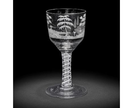 A rare engraved opaque twist hunting goblet, circa 1765The generous ogee bowl with a tree-lined landscape scene depicting a s