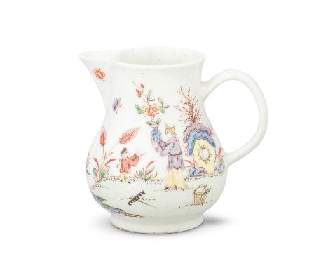 A good Bow cream jug, circa 1753-55Of bellied shape with a plain loop handle, finely painted in an attractive and vibrant pal