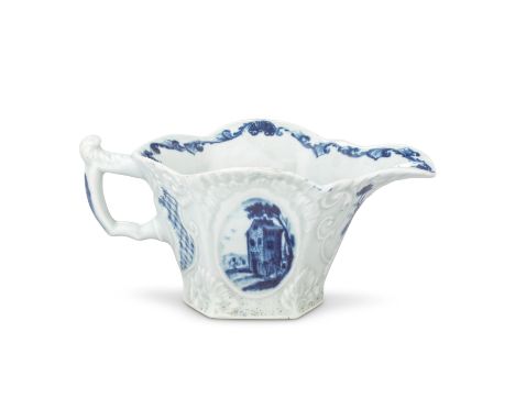 A rare sauceboat, Lund's Bristol or possibly Limehouse, circa 1748-50Of hexagonal shape, the kicked handle with a leaf-moulde