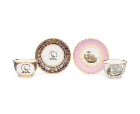 Two Worcester breakfast cups and saucers, circa 1810-25The Barr, Flight and Barr armorial example with crest of a serpent enc