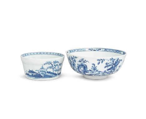 A Worcester potting pot and a bowl, circa 1770 and 1756The deep potting pot of circular form with a thickened rim, painted in