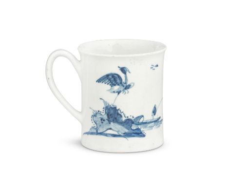 A Worcester 'Scratch Cross' coffee can, circa 1754Painted in blue with the 'Cormorant' pattern, a peony and large leaves on t