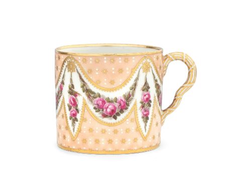 A Derby mug, circa 1795By William Billingsley, the moulded rope handle picked out in gold, painted with swags of pink roses p