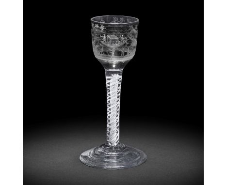A fine engraved opaque twist wine glass, circa 1765The ogee bowl finely engraved with a continuous chinoiserie riverscape dep
