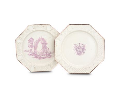 Two Staffordshire saltglaze plates, circa 1755-60Of octagonal shape, crisply moulded with a trellis and scroll border, printe