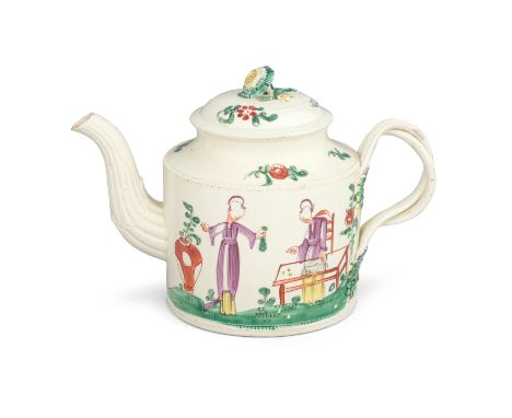 A creamware teapot and cover, circa 1770-75Of cylindrical form with a fluted spout, the ribbed crossover handle with flower a