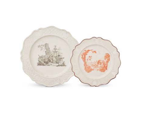Two Staffordshire saltglaze plates, circa 1755Crisply moulded with trellis and cartouche borders, the smaller printed in red 