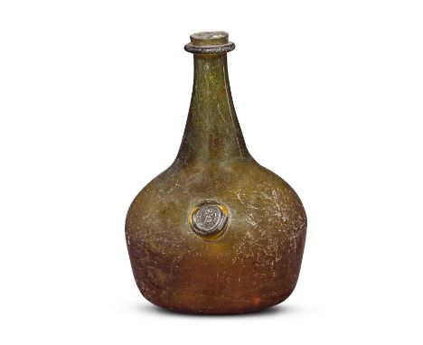 A Dutch sealed 'Mallet' liqueur bottle, 19th centuryOf dark olive-green tint, the bulbous body with a long neck with a promin