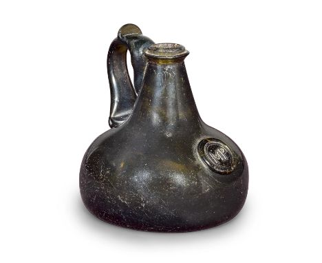 A very rare sealed half size 'Onion' serving bottle, circa 1690-95Of olive-green tint, the squat bulbous body with a short ta