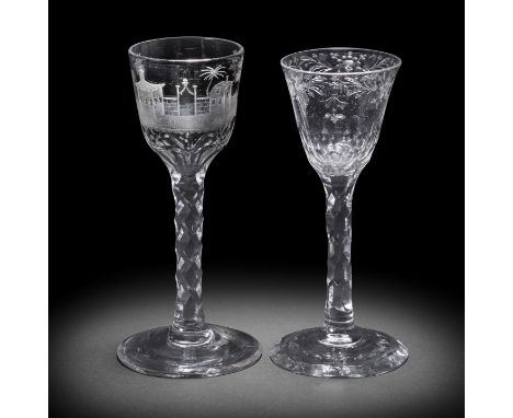 Two engraved facet stem wine glasses, circa 1775-85One with an ogee bowl decorated with a chinoiserie landscape vignette depi