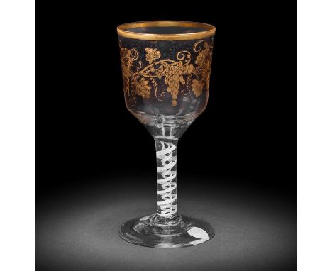 A good Giles gilded opaque twist goblet, circa 1765Decorated in the London workshop of James Giles, the generous ogee bowl de