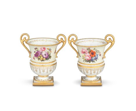 A pair of Flight, Barr and Barr Worcester vases, circa 1825Of campana shape, the high scrolled handles fully gilt, each side 