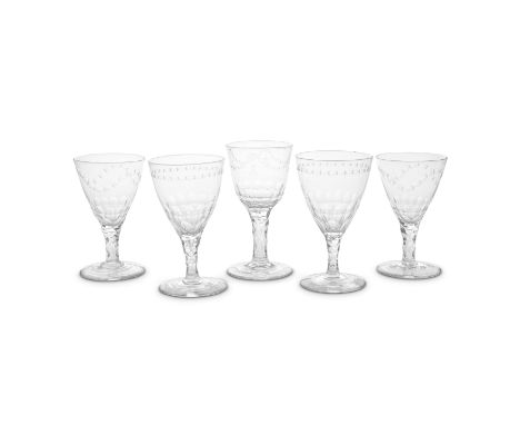 Five engraved facet stem goblets, circa 1780With generous round funnel bowls with bases cut with scale-like facets extending 