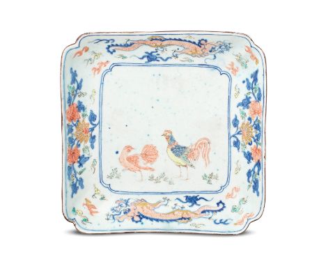 A rare Bow dish, circa 1753-55Of square form with indented corners, finely decorated in underglaze blue and overglaze enamels