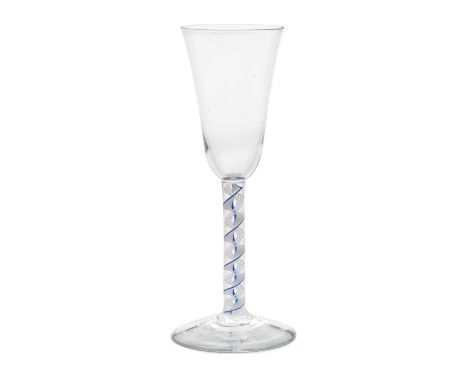 A very rare blue colour twist ale glass, circa 1765The tall round funnel bowl on a stem enclosing a white spiral ribbon edged