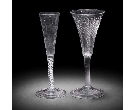 An early ale flute and a rare opaque twist ratafia glass, mid-18th centuryThe ale with a trumpet bowl with fine wrythen mould