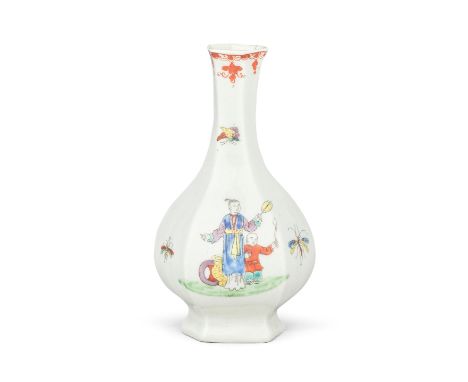 A Worcester bottle vase, circa 1754-55Of hexagonal bottle or 'onion' shape, printed in outline and carefully hand coloured wi