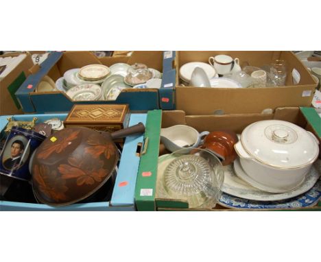 Four boxes of miscellaneous items to include Royal Doulton Berkshire teawares, bakelite cased mantel clock, Royal Commemorati